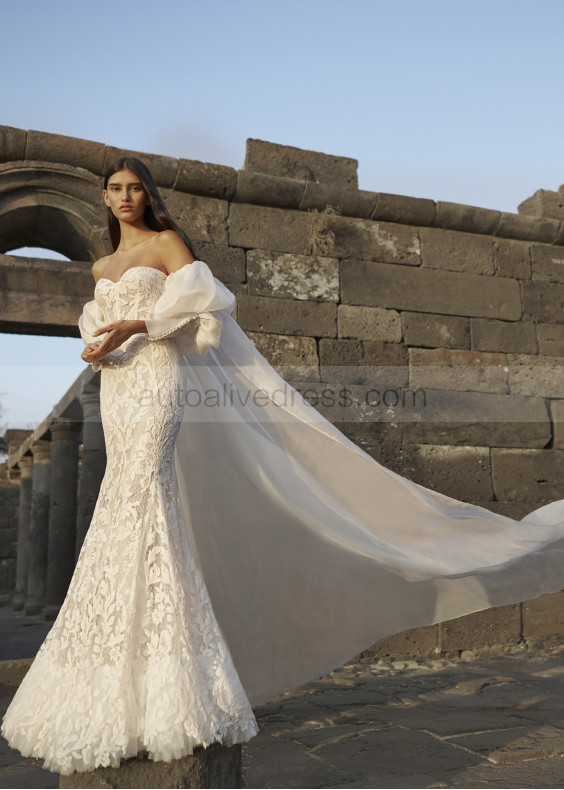 Ivory Lace Beaded Wedding Dress With Organza Cape Ivory Lace Beaded Wedding Dress With Organza Cape